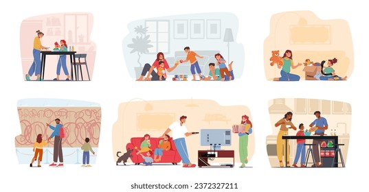 Set of Family Scenes. Parents and Children Characters Cooking, Playing with Toys, Visit Museum, Watching Movies at Home Together. Father, Mother and Kids Activities. Cartoon People Vector Illustration