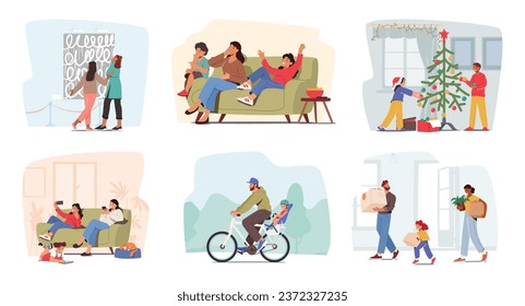 Las Escenas Familiares Con Padres Y Personajes Infantiles Visitan Exhibición De Arte, Miran Películas, Decoran Árbol De Navidad, Usan Gadgets, Montan Bicicleta Y Se Mueven A Nuevo Hogar. Ilustración de vectores de personas de caricatura