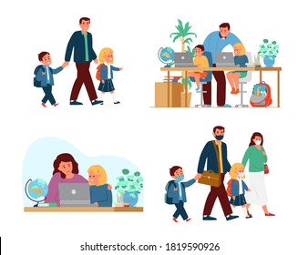 Set Of Family With School Children In Different Situations. Going To School In Protective Masks, Homeschooling, Making Homework. Flat Vector Illustration.