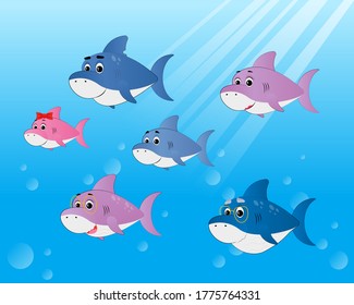Set of family shark of colorful cartoon fish character isolated on blue background. Baby, Mama, Papa, Grandma, Grandpa sister and brother shark.Vector illustration
