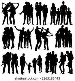 set of family silhouettes with children, white background