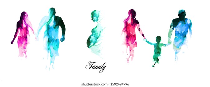 Set of family silhouettes made of paint. Happy family day. Mixed media. Vector illustration