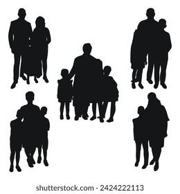 Set of family silhouettes of parents with children. Dad, mom, son, daughter. Isolated vector