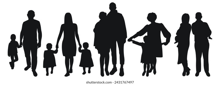 Set of family silhouettes of parents with children. Isolated vector