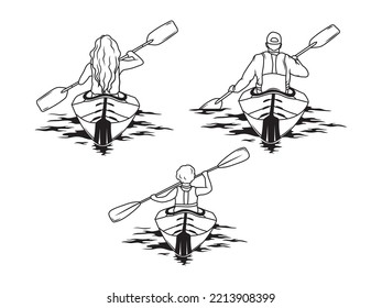 Conjunto de familias sentadas en kayaks. Colección de padres e hijos chapoteando. Deporte acuático. Ilustración vectorial sobre fondo blanco.