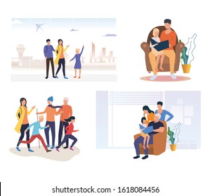 Set of family spending leisure time together. Flat vector illustrations of people resting and having fun. Family outdoor and indoor activities concept for banner, website design or landing web page