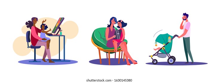 Set of family spending leisure time together. Flat vector illustrations of parents educating children. Family, parenting, leisure time activities concept for banner, website design or landing web page