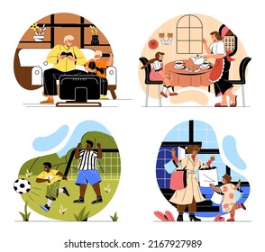 Set of family spending time together. Happy parents, moms, dads and children play video games, do sports or football, drink tea or shop. Cartoon flat vector collection isolated on white background