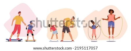 Set Family Sport Activities, Exercises. Young Athlete Parents and Kids Characters Doing Fitness or Aerobics Exercise. Father, Mother and Children Workout Together. Cartoon People Vector Illustration