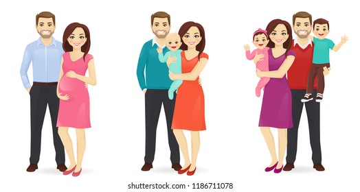 Set of family stages of development. Husband with pregnant wife. Parents with newborn baby. Mother and father with daughter and son. Vector illustration.