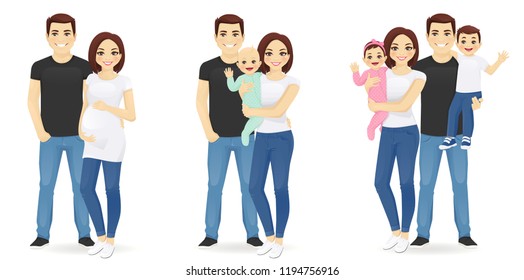 Set of family stages of development. Husband with pregnant wife. Parents with newborn baby. Mother and father with daughter and son. Vector illustration.