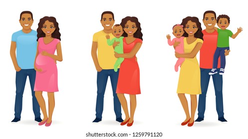 Set of family stages of development. Husband with pregnant wife. Parents with newborn baby. Mother and father with daughter and son. Vector illustration.