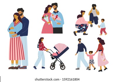 Set of family stages: pregnancy, childbirth , breastfeeding, first steps, walking with baby and kid. Happy family concept. Flat colorful vector illustration in cartoon style. 