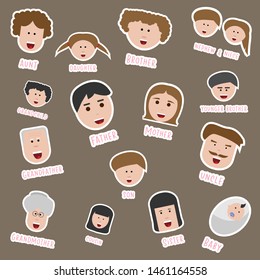 Set of family stickers. Face cartoon icons collection.Vector illustration.