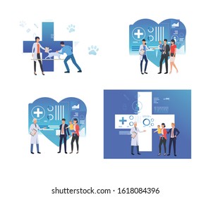 Set of family taking care of pets and children. Flat vector illustrations of people having appointment at clinic. Health care, veterinary concept for banner, website design or landing web page