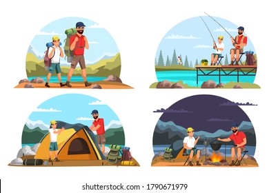 Set of family travelling, active vacation and hiking. Father and son with backpacks go to mountains, fishing, camping, cooking in camp bowler at stake and spend time together. Vector illustrations