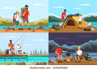 Set of family travelling, active vacation and hiking. Father and son with backpacks go to mountains, fishing, camping, cooking in camp bowler at stake and spend time together. Vector illustrations.