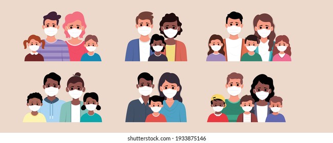 Set of family wearing mask to prevent from corona virus.Young parents and children wearing mask. Vector illustration