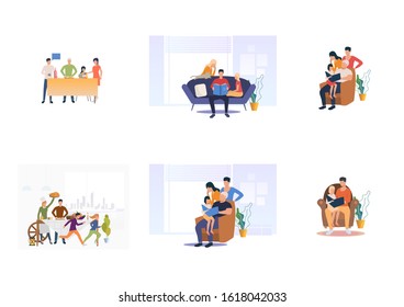 Set of family weekend illustrations. Flat vector illustrations of people cooking, reading books. Family concept for banner, website design or landing web page