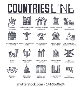 Set of famous architecture and places of countries all over the world thin line icons isolated on white. Attractions outline pictograms collection. Landmarks vector elements for infographic, web.