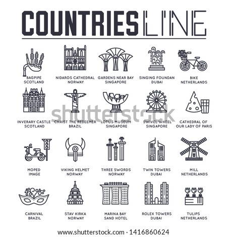 Set of famous architecture and places of countries all over the world thin line icons isolated on white. Attractions outline pictograms collection. Landmarks vector elements for infographic, web.