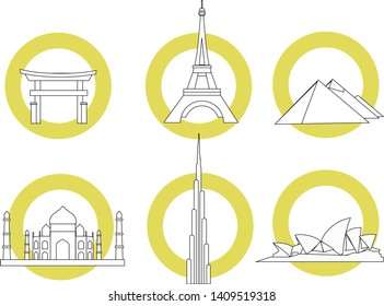 Set of famous architectures buildings vector illustration.