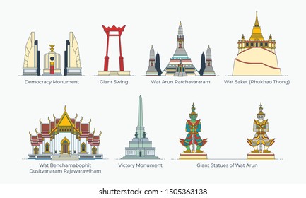 Set of Famous Attractions in Bangkok, Thailand - Vector Illustration