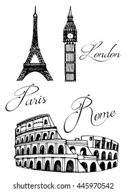 Set of famous buildings. Eiffel Tower, Big Ben and Colosseum.