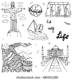 Set of the famous European monuments. Drawing design. Vector illustration.