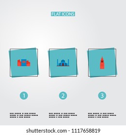 Set of famous icons flat style symbols with shibuya, kremlin, taj mahal and other icons for your web mobile app logo design.