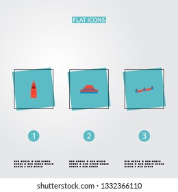 Set of famous icons flat style symbols with great wall, tienanmen square, kremlin and other icons for your web mobile app logo design.
