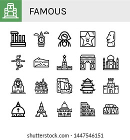 Set of famous icons such as Moai, Evora, Big ben, Russian, Walk of fame, Charleston, Hollywood, Kremlin, Arch, Taj mahal, Great sphinx of giza, Cathedral saint basil , famous