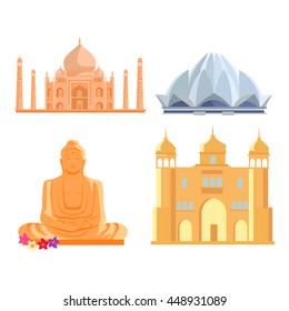 Set famous Indian architectural attractions. Tadj mahal, Lotus temple, Buddha Statue, ancient palace flat style design vector illustrations. Summer vacation in India concept.
