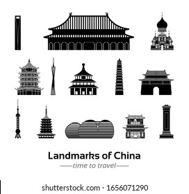 set of famous landmark of China silhouette style with black and white classic color design,vector illustration