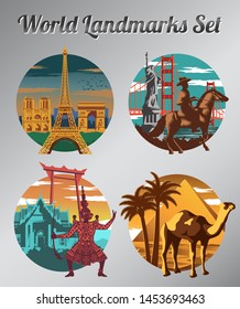 Set of famous landmark and symbol of France,Thailand,USA and Egypt ,for cloth and web design,national flag color,vector illustration