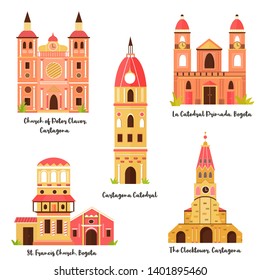 Set of famous landmarks of Bogota, Cartagena in Colombia. Vector cartoon illustration