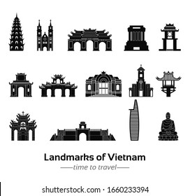 set of famous landmarks of Vietnam silhouette style with black and white classic color design,vector illustration