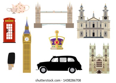 Set Of Famous London Symbols. Royal Family Crown, 5 O'clock Tea, Cab, Guard, Big Ben, Westminster, St Pauls Cathedral, Tower Bridge, Red Telephone Box.