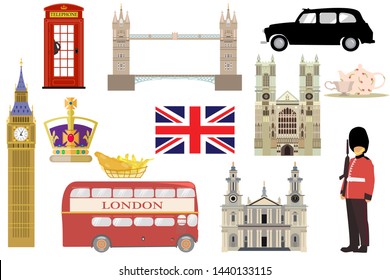 Set of famous london symbols. Royal family crown, 5 o'clock tea, cab, quenns guard, big ben, westminster, st pauls cathedral, tower bridge, red telephone box, doubledecker bus, fish and chips. Vector
