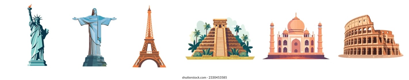 Set of famous monuments and landmarks. statue of liberty, Christ the redeemer, Eiffel tower, Chichen Itza, Taj mahal mosque, Colosseum. Vector design. Famous towers and world monuments vector set.