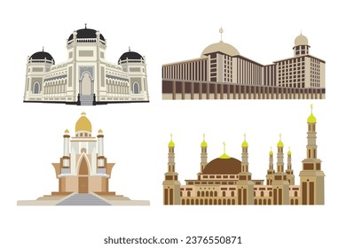 Set of famous mosque landmarks. Vector illustration isolated on white background.
