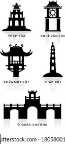 Set of famous places in Hanoi city, Vietnam. Vector illustration. 