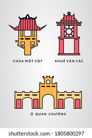 Set of famous places in Hanoi city, Vietnam. Vector illustration. 