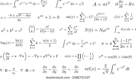 Set of famous scientific math formulas and equations, transparent background