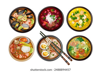 Set of famous soups of the world. National dishes of the peoples of the world. Freehand drawing, isolate on a white background. Vector.