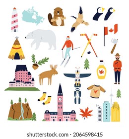 Set of famous symbols, icons of Canada. Vector collection of colorful icons in a modern flat style