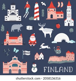 Set of famous symbols, icons of Finland. Vector collection of colorful icons in a modern flat style