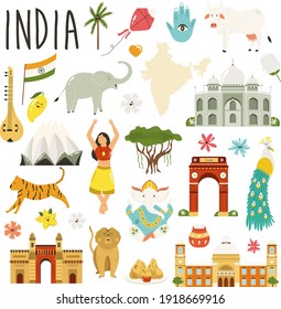 Set of famous symbols, landmarks, animals of India. Vector flat collection.