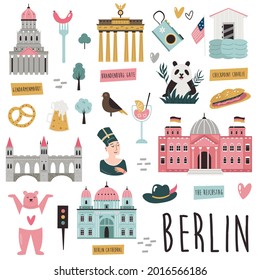 Set of famous symbols and landmarks of Berlin. Vector bright set of icons. Bright graphic bundle.