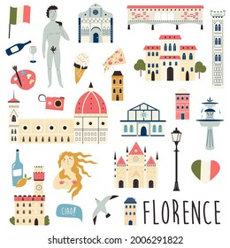 Set of famous symbols and landmarks of Florence Vector bright set of icons. Bright graphic bundle.